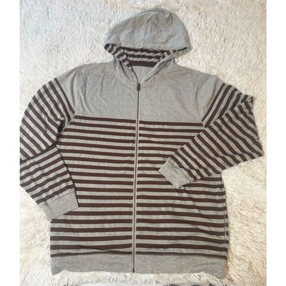 Men full zip stripe brown and grey sweater L - Picture 1 of 6
